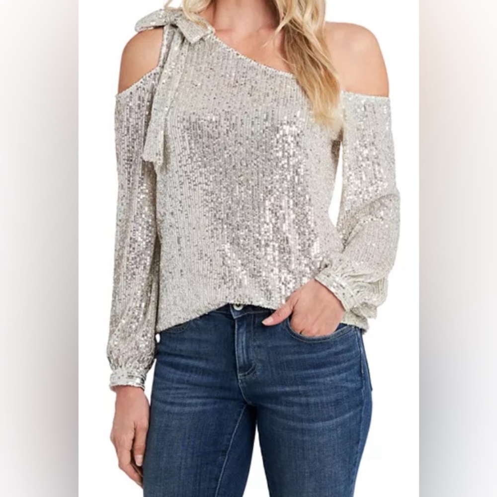 CeCe Sequined One Shoulder Top Women’s Sz S Champagne